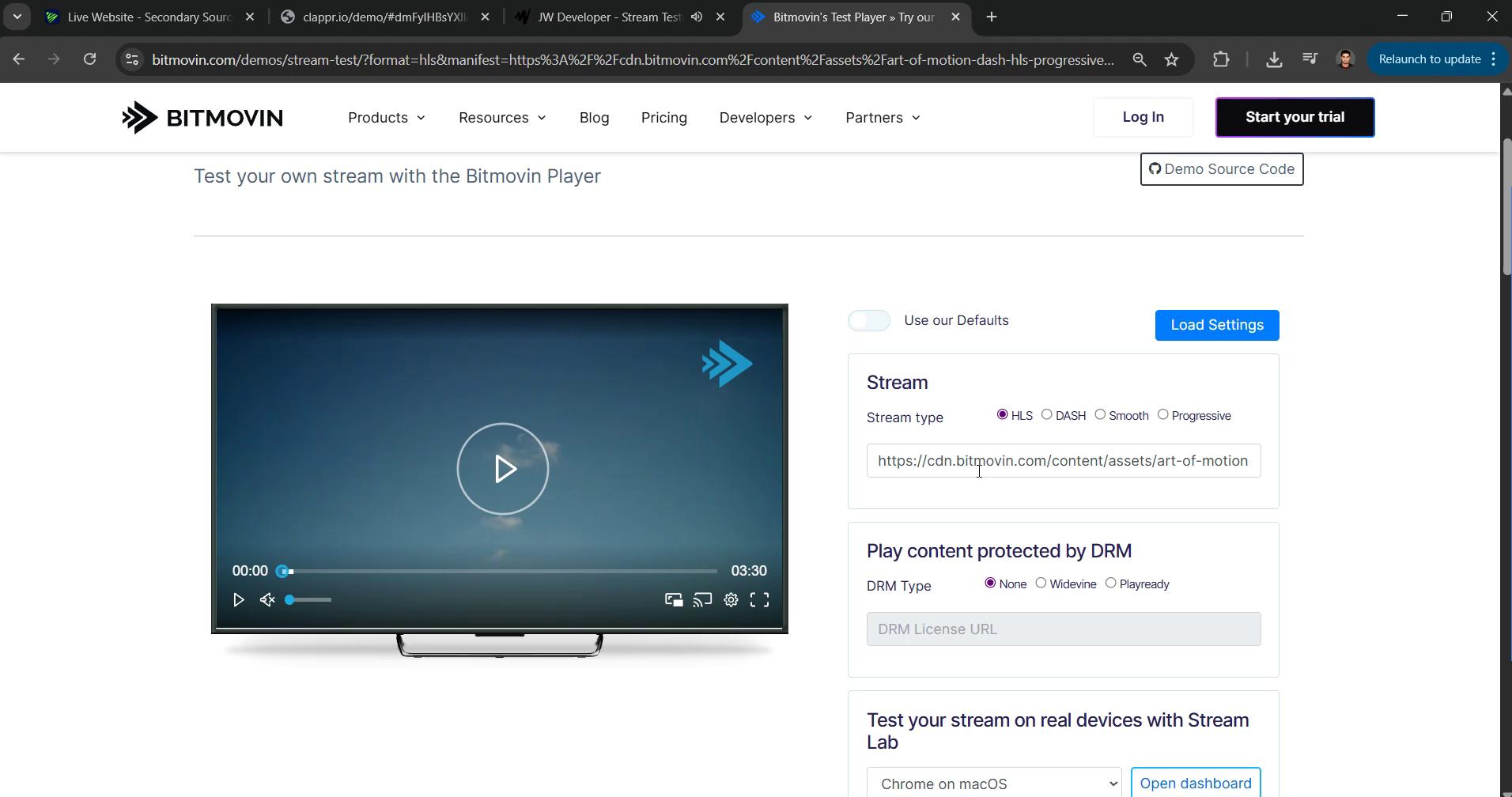 Watch Video: Demo of embedding HLS links from Livepush into Video.js, JW Player, Bitmovin, THOE, and hls.js for web playback.