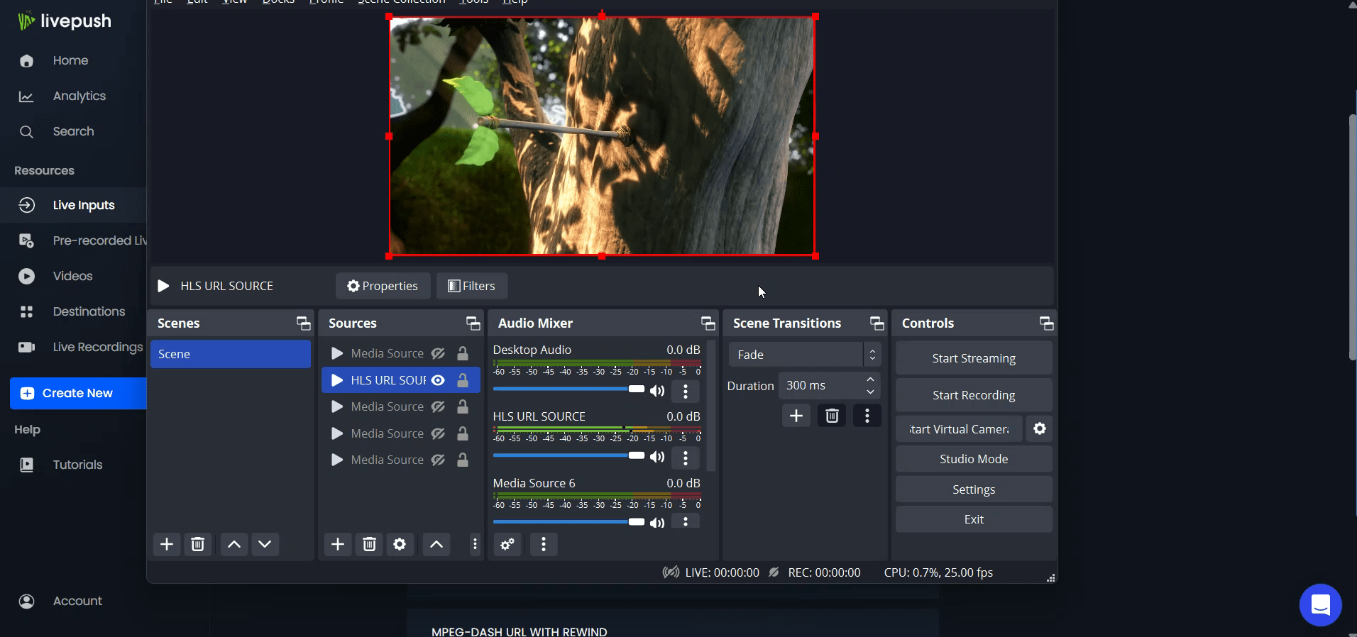 Watch Video: Demo showing how to add Livepush HLS .m3u8 links in OBS Studio and vMix for monitoring and broadcasting.